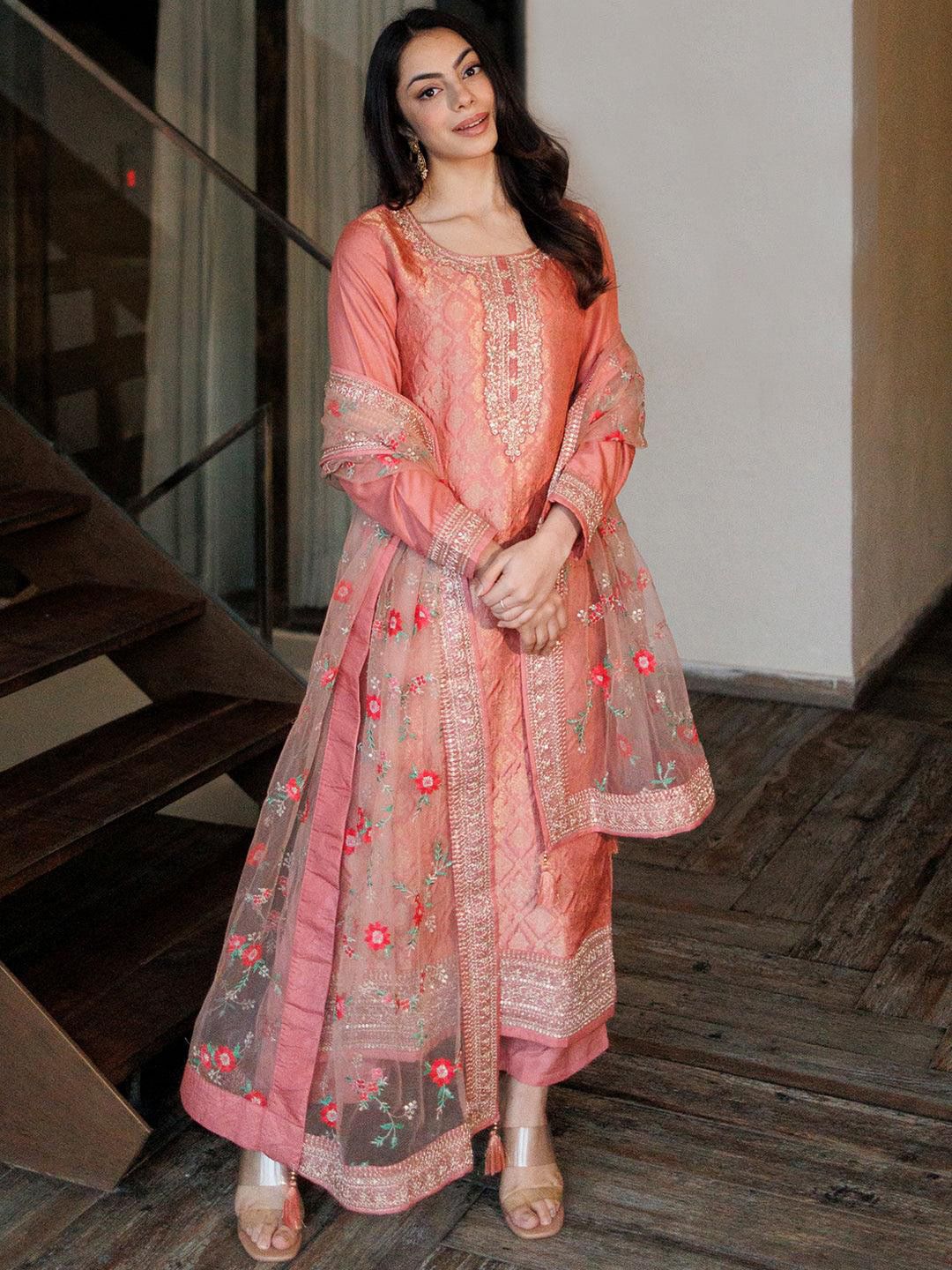 Libas Libas Women Peach-Coloured Floral Kurta with Trousers & Dupatta Myntra sale