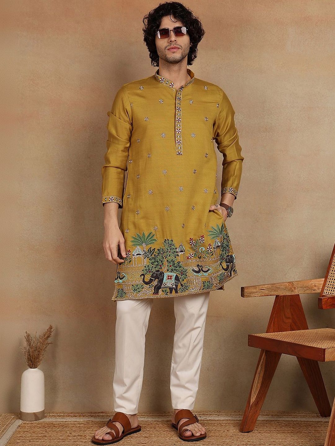 House of Pataudi House of Pataudi Embroidered Mandarin Collar Knee Length Straight Kurta Myntra sale