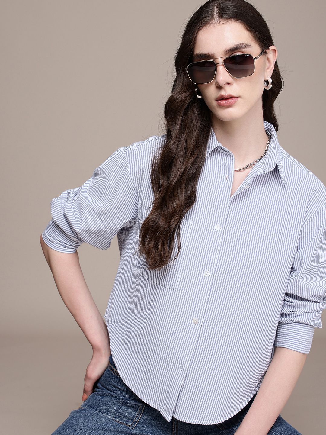 Roadster Women Striped Oversized Cotton Casual Shirt Myntra sale