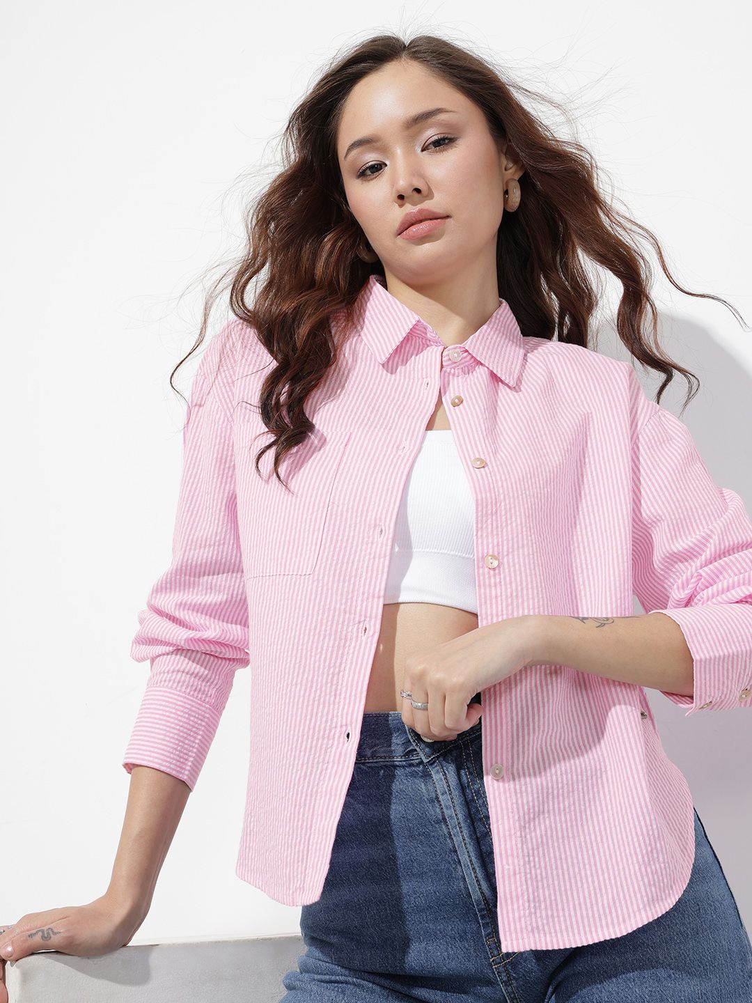 Roadster The Roadster Life Co. Oversized Striped Seersucker Pure Cotton Shirt Myntra sale