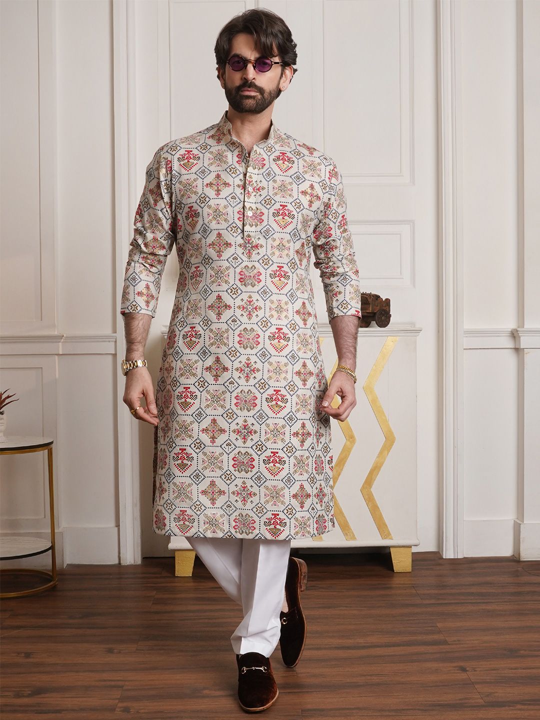 SOJANYA Ethnic Motifs Printed Mandarin Collar Kurta With Pyjamas Myntra sale