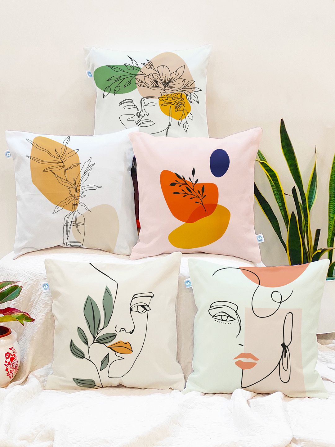 STITCHNEST Set of 5 Cotton Leaf-Print Cushion Covers, 16 x 16 in Myntra sale