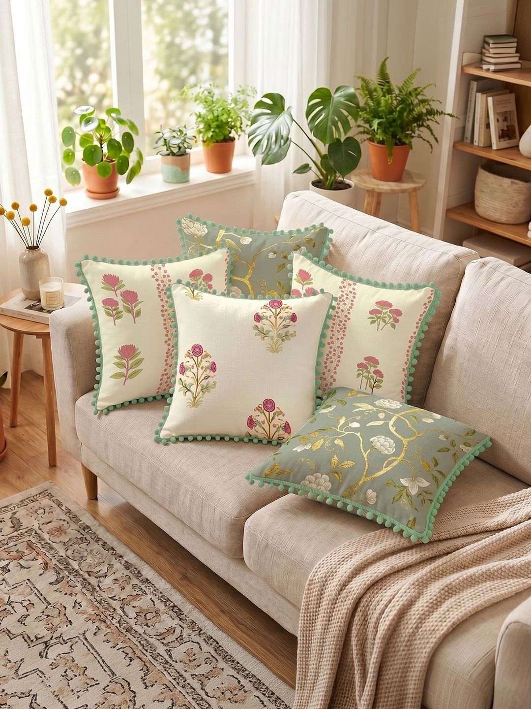 URBAN SPACE Set of 5 Floral Zari Cotton Cushion Covers, 16 x 16 in Myntra sale