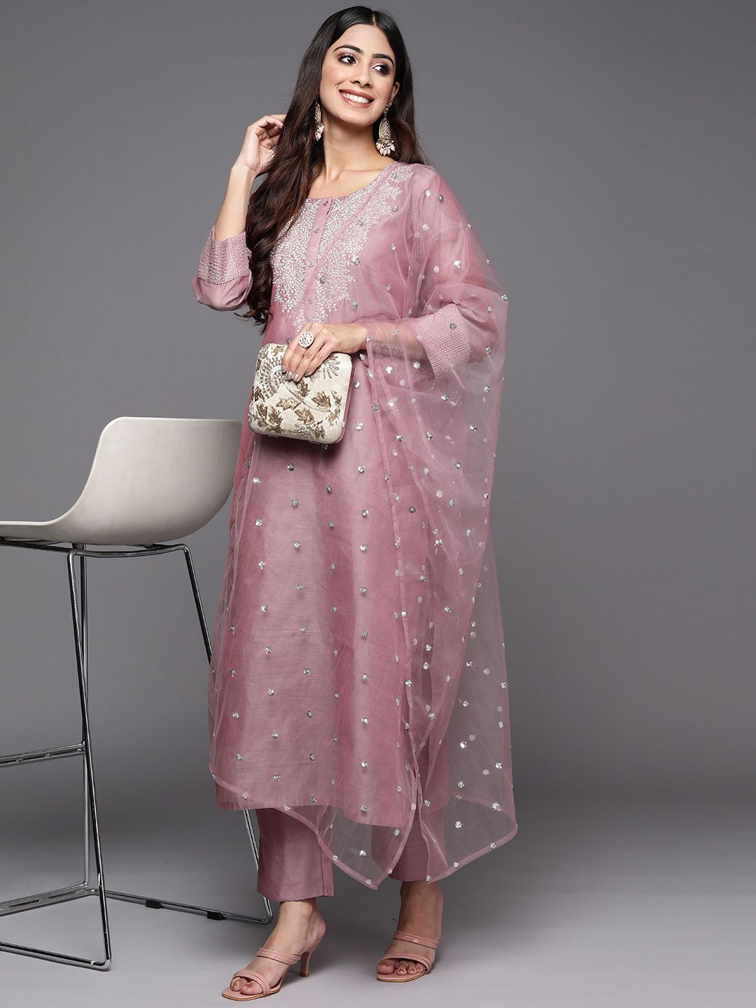 Varanga Varanga Floral Zari Embroidered Chanderi Silk Kurta With Trouser & Sequined Dupatta. Myntra sale