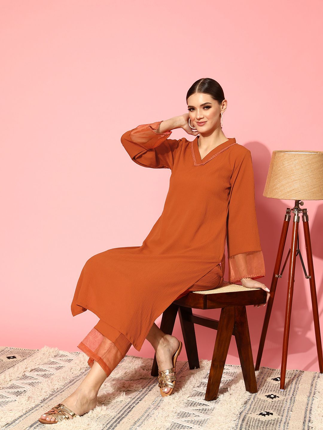 Varanga Varanga Rust Flared Sleeve Organza detailed V Neck Textured Kurta with Palazzo Myntra sale