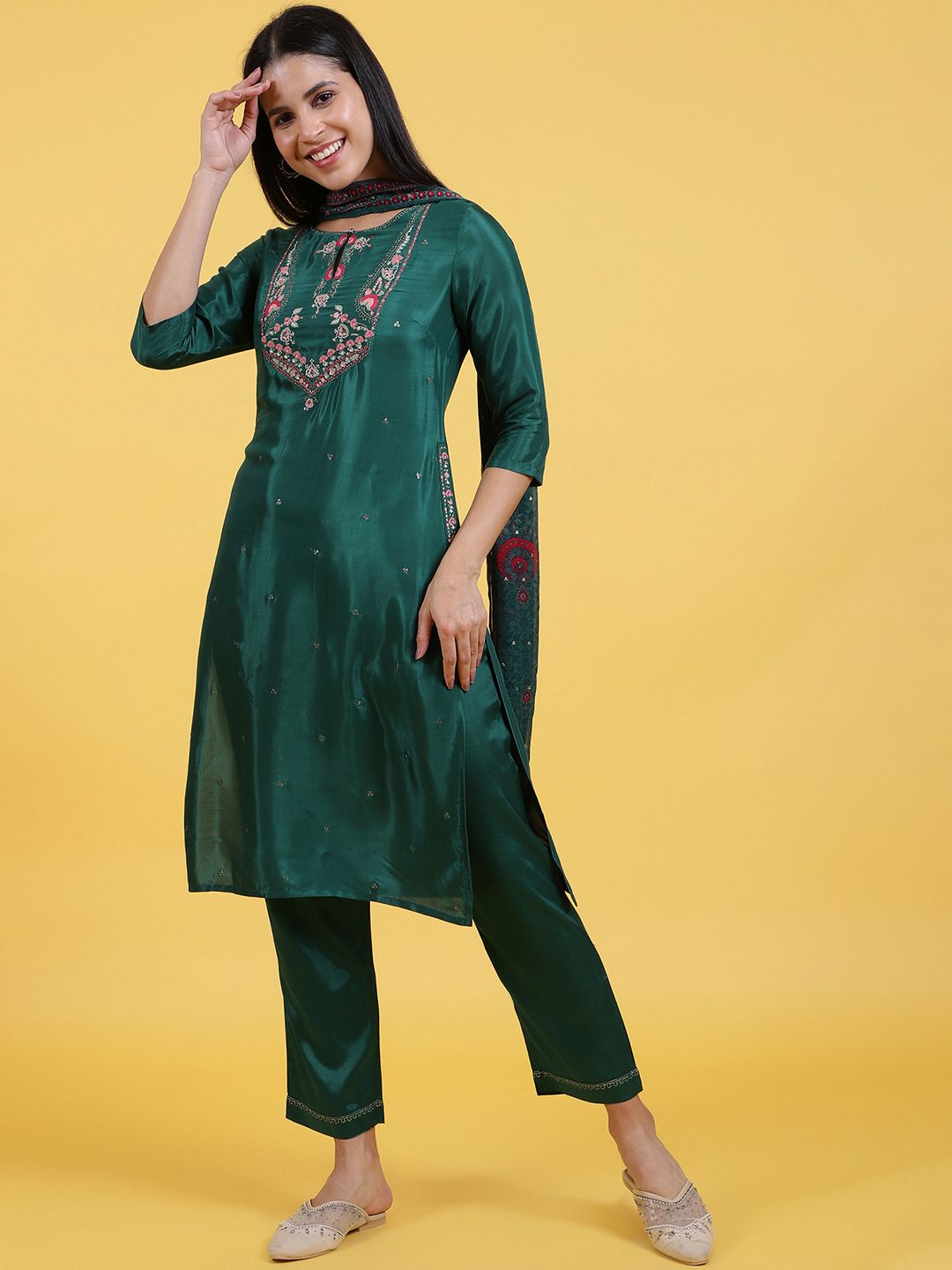 W W Women Embroidered Kurta with Trousers & With Dupatta Myntra sale