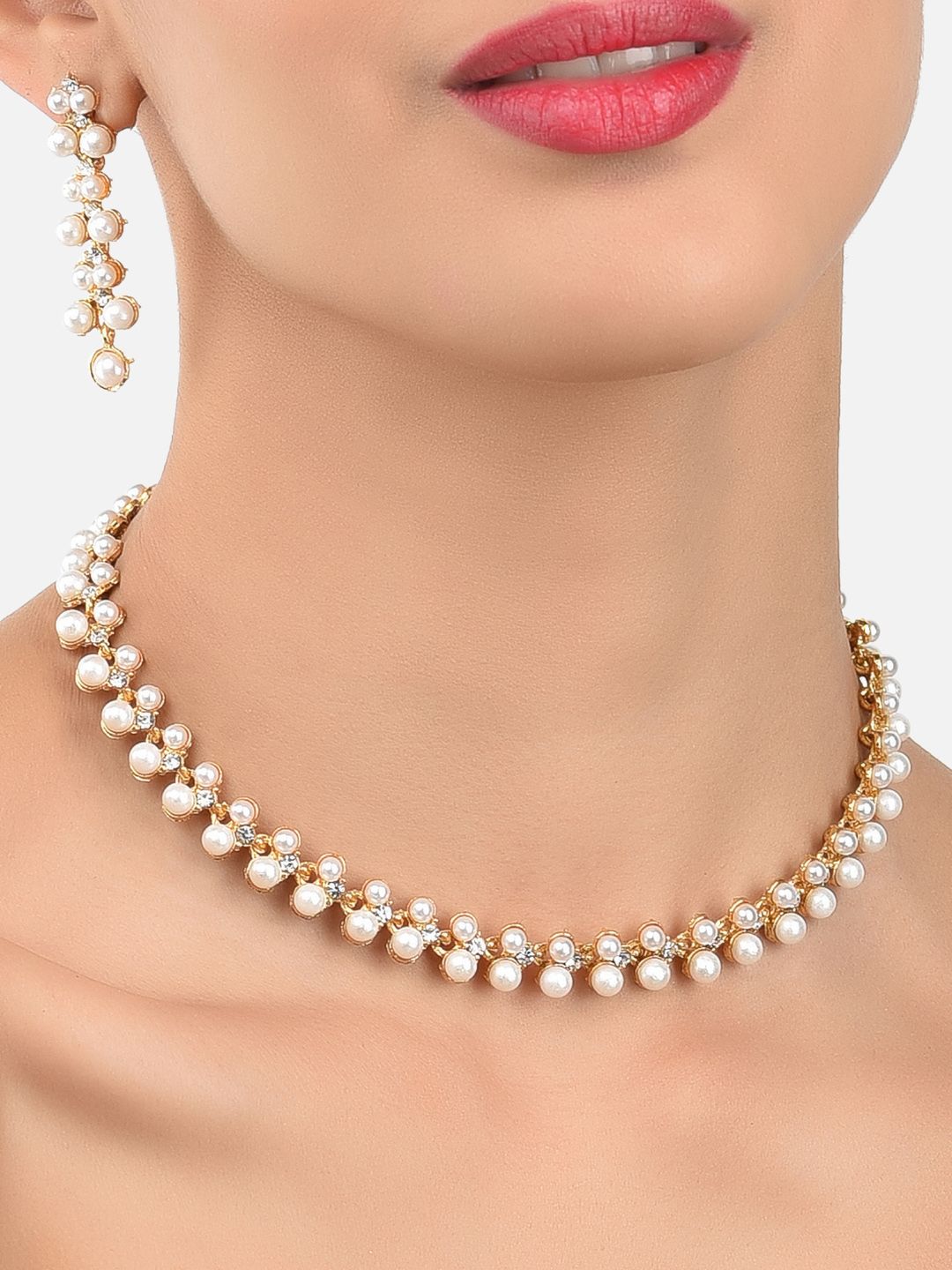 Zaveri Pearls Zaveri Pearls Gold-Toned & White Contemporary Pearls Studded Jewellery Set Myntra sale