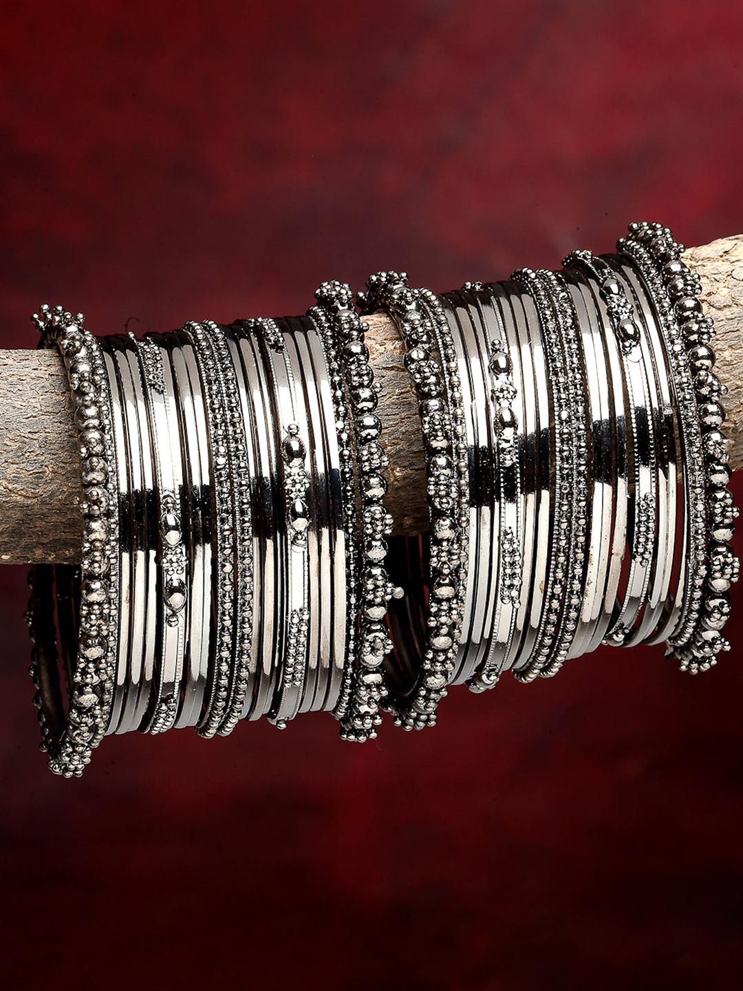 ZENEME Women Set of 40 Black Tone Silver-Plated and Oxidised Textured Bangle Myntra sale