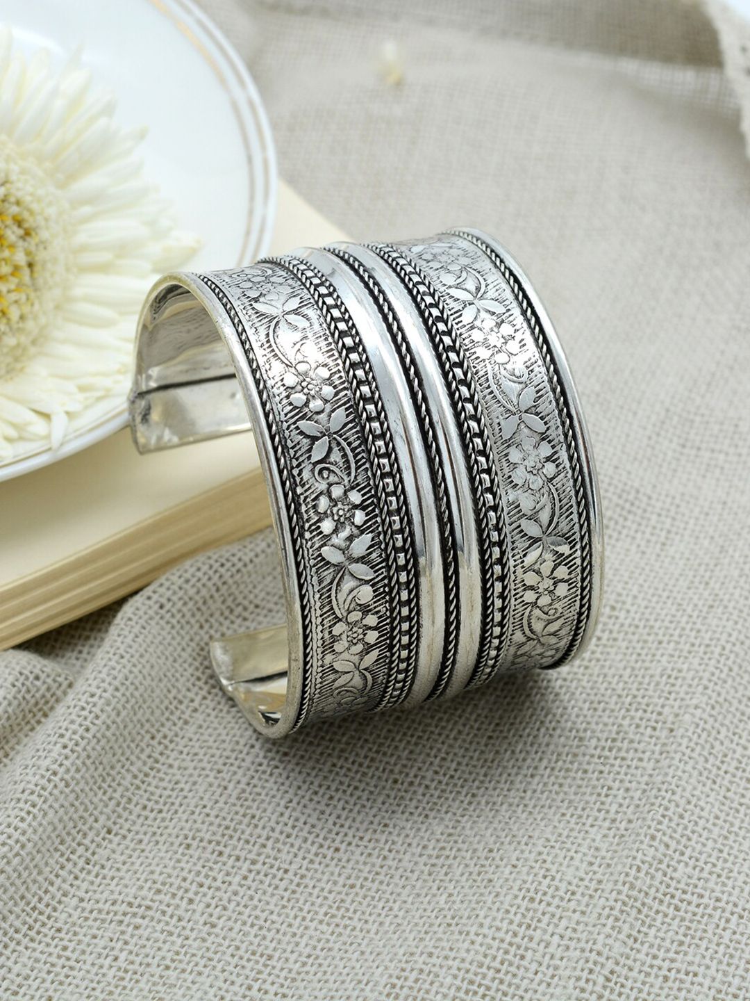 TEEJH Women Silver-Toned & Black Alloy Silver-Plated Oxidized Cuff Bracelet Myntra sale