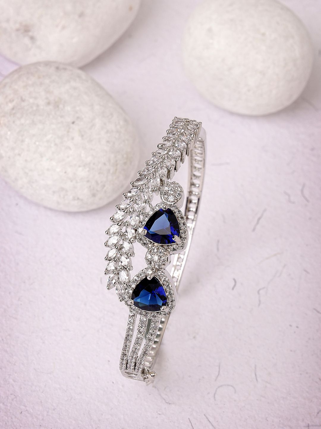 ZENEME Rhodium-Plated Silver Toned Blue American Diamond Studded Cuff Bracelet Myntra sale