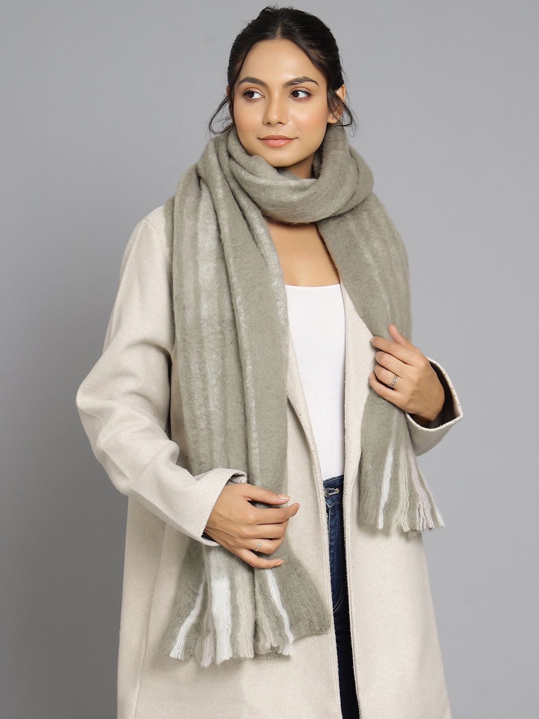 HANDICRAFT PALACE Women Grey & White Striped Acrylic Scarf Myntra sale