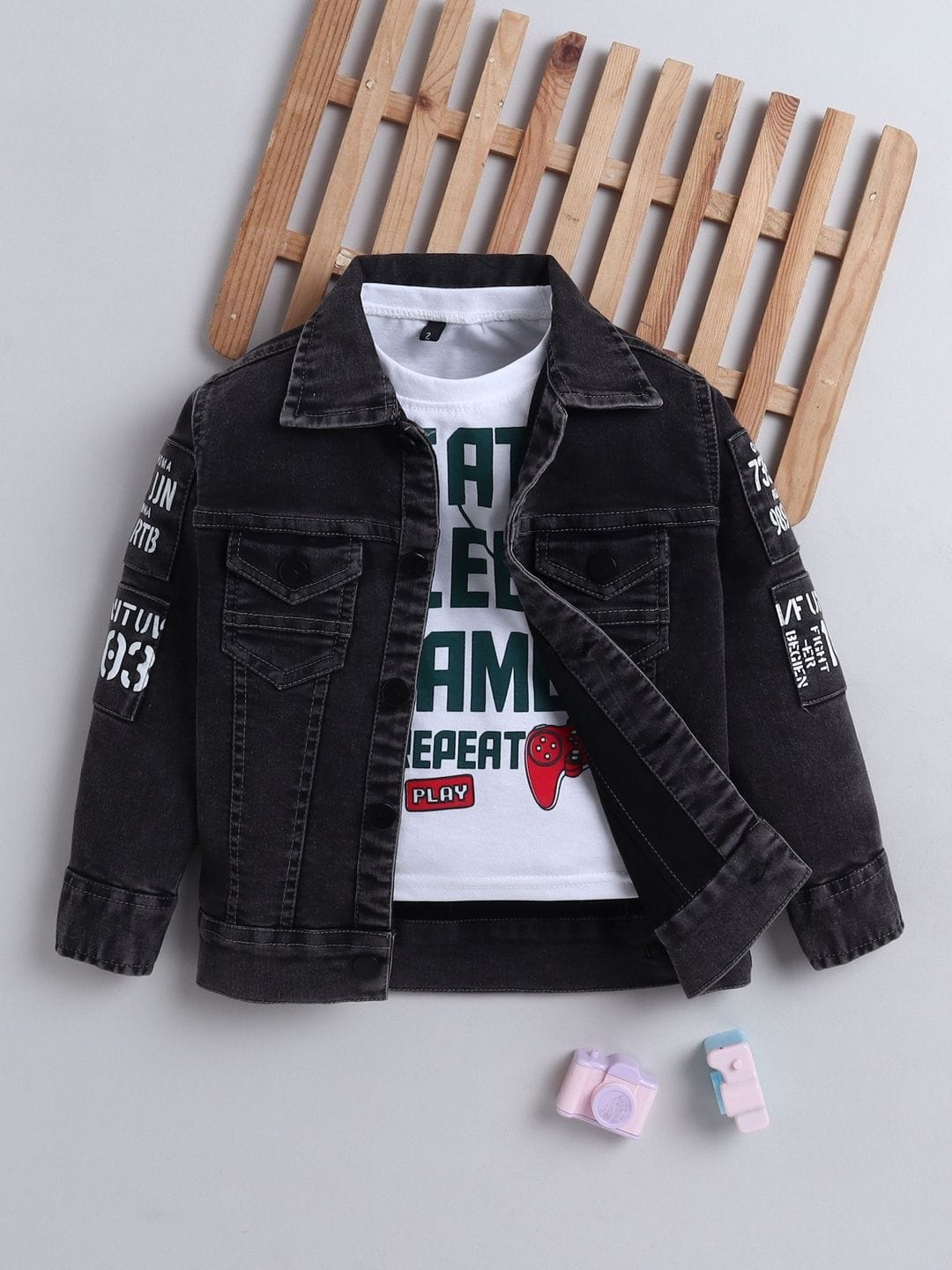Ministitch Denim Woven Patchwork Typographic Spread Collar Jacket Myntra sale