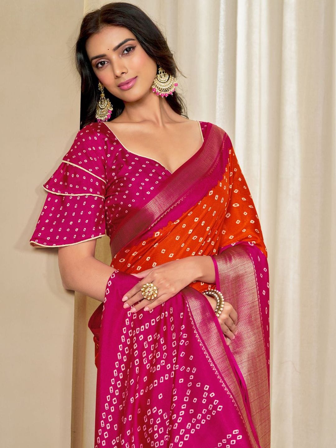 Kalini Women Dola Silk Bandhani Print Zari border Saree Myntra sale
