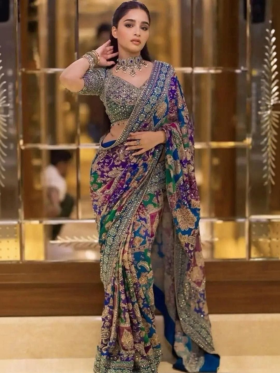 Saanvi Mirror Work Poly Crepe Saree Myntra sale