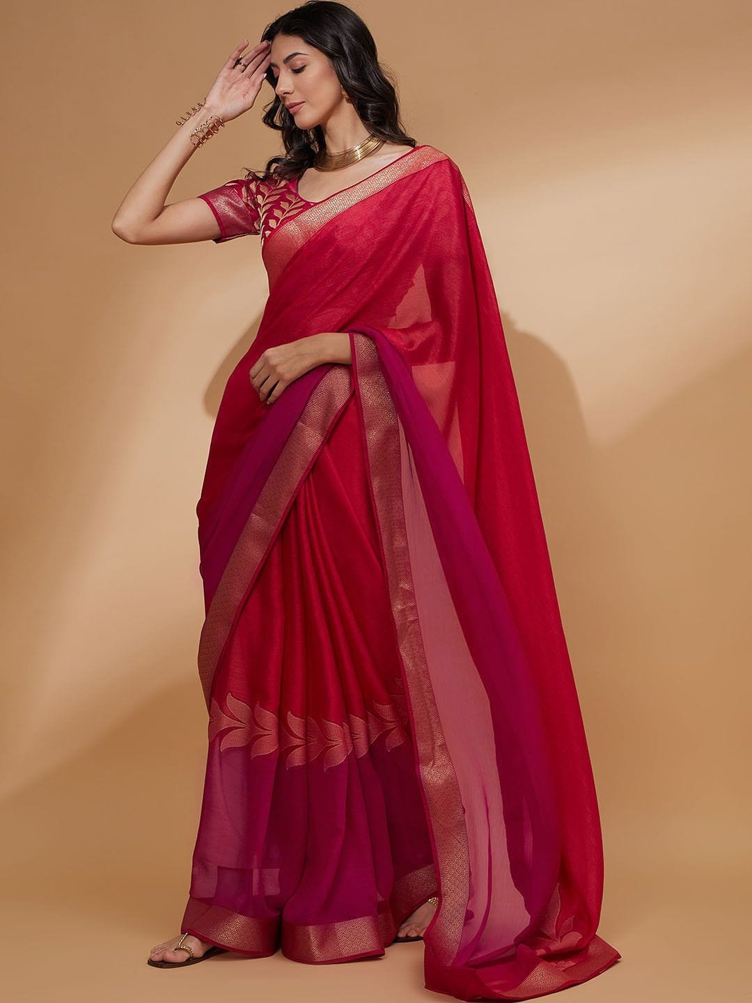 all about you Pink Floral Woven Design Zari Detailed Pure Chiffon Saree Myntra sale