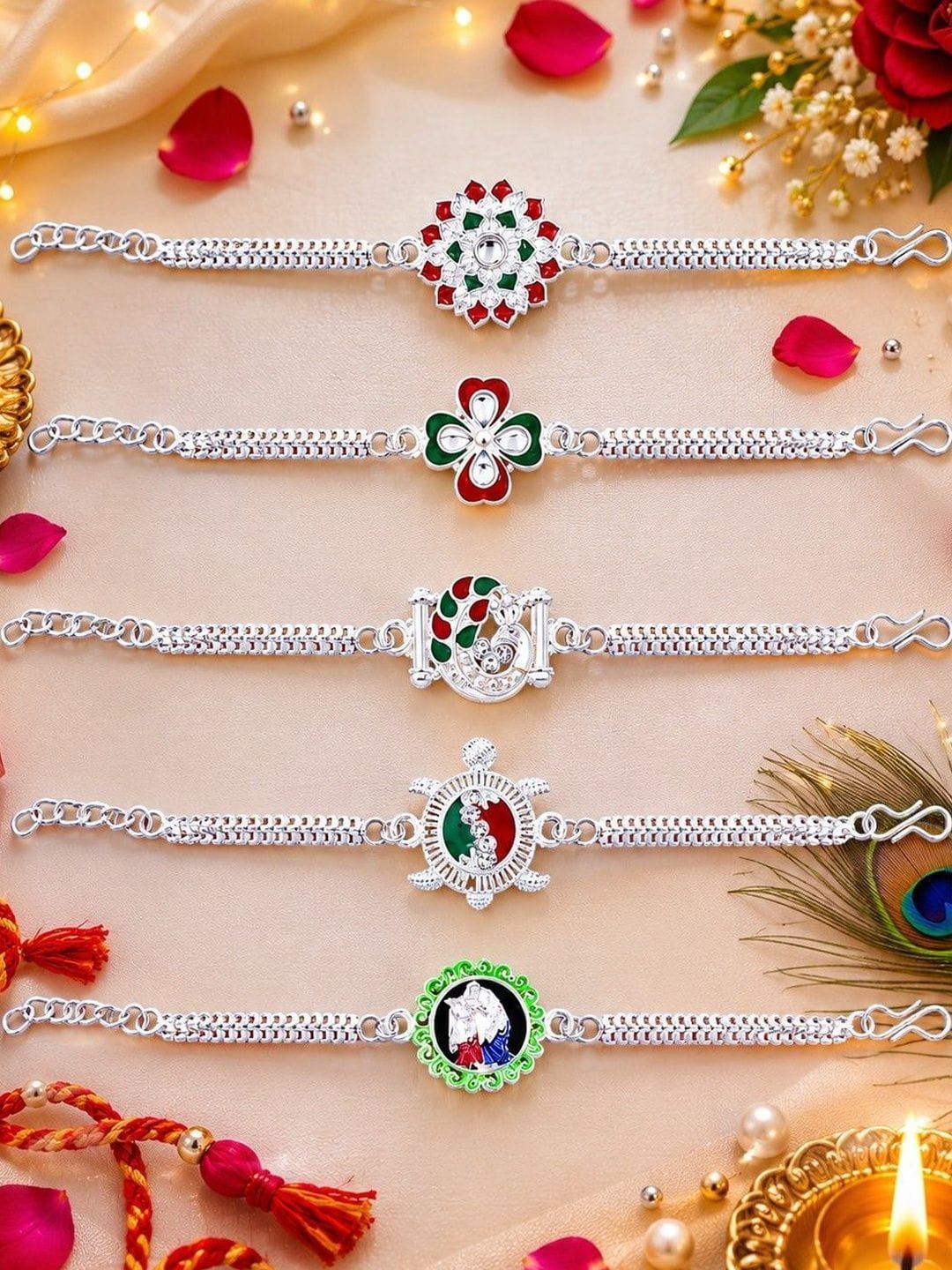 DeoDap Set of 5 Rakhis For Brother With Greeting Card & Roli-Chawal & Silver Toneed Coin Myntra sale