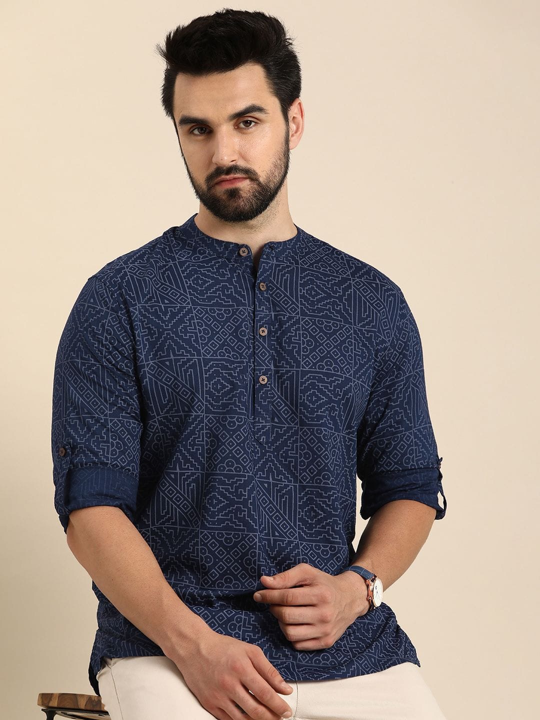 Anouk Men Navy Blue Geometric Printed Mandarin Collar Cotton Straight Short Kurta Myntra sale