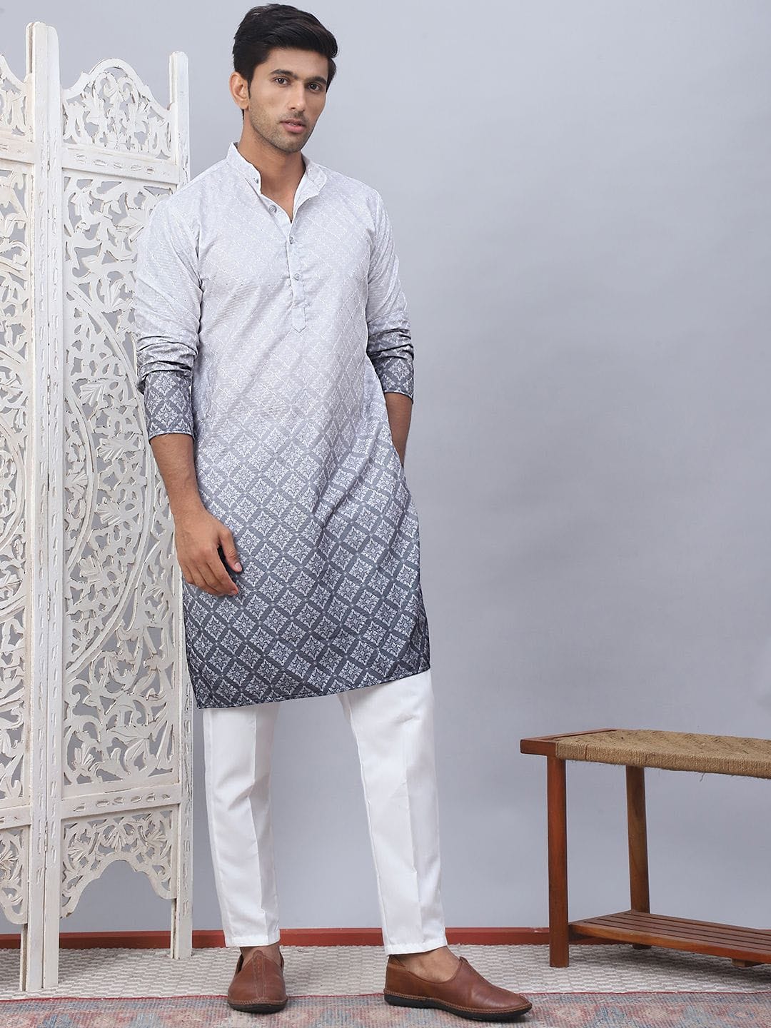 Jompers Ombre Printed Mandarin Collar Sequinned Straight Kurta With Pyjamas Myntra sale