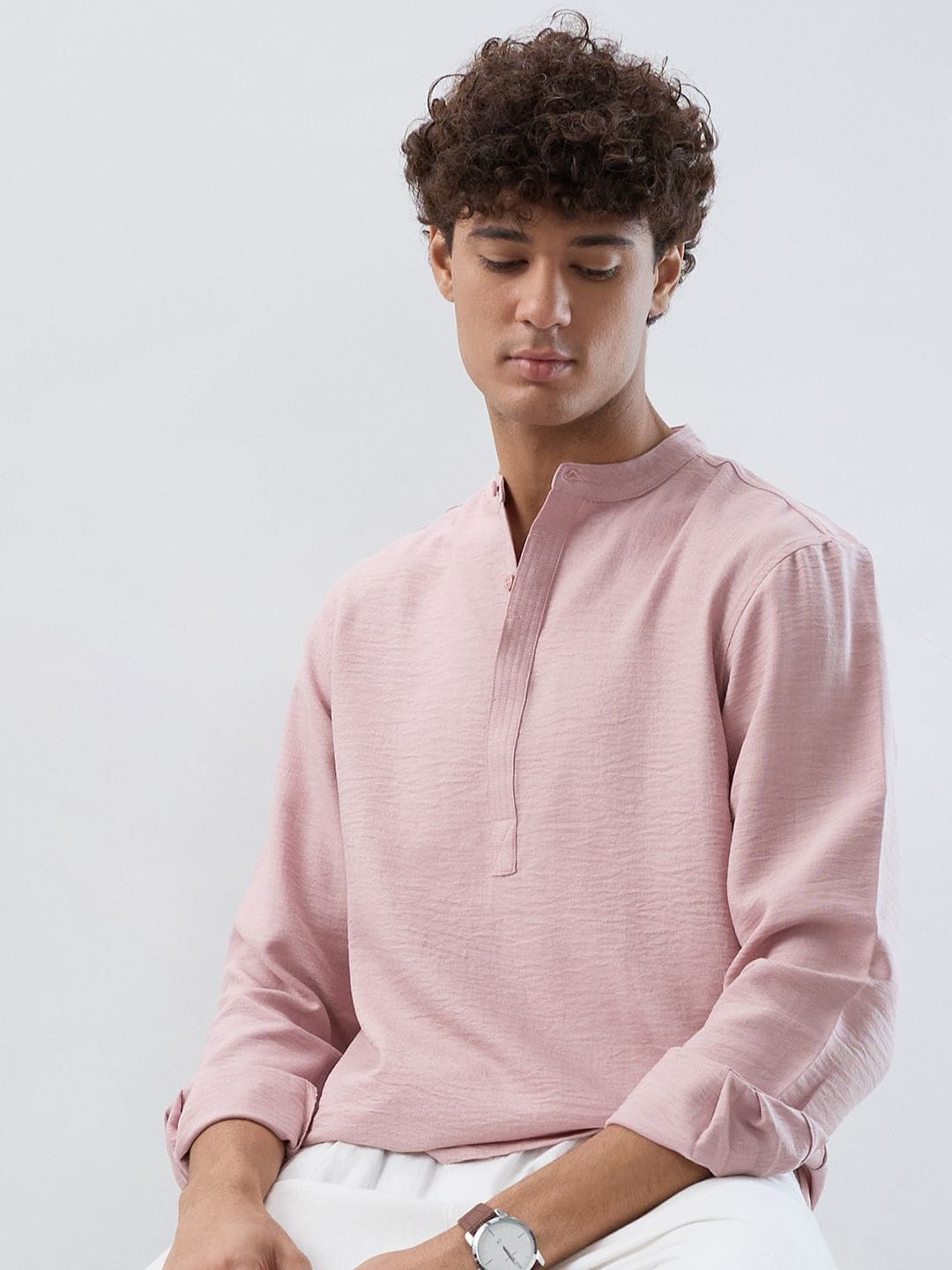 HERE&NOW Band Collar Roll-Up Sleeves Straight Kurta Myntra sale