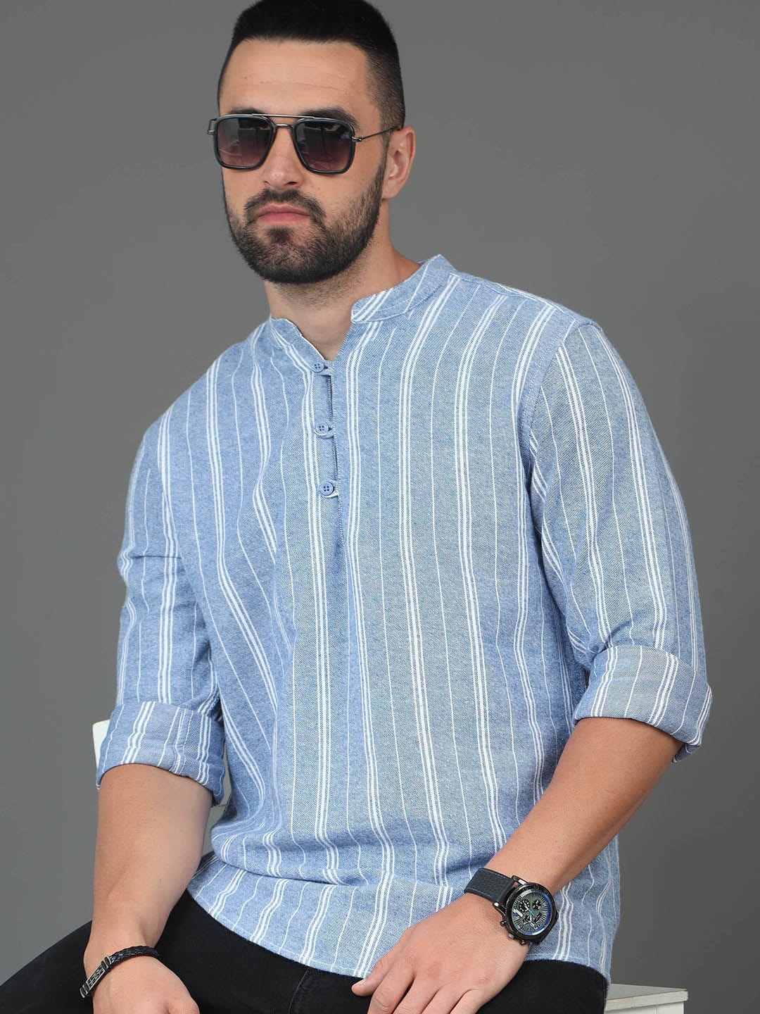 HERE&NOW Blue & White Striped Printed Mandarin Collar Cotton Straight Short Kurta Myntra sale