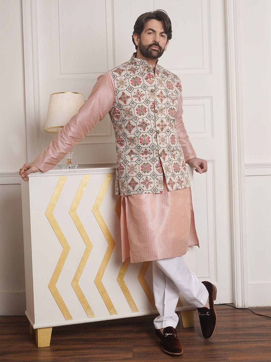 SOJANYA Men Pink Solid Kurta & Churidar Comes With a Nehru Jacket Myntra sale