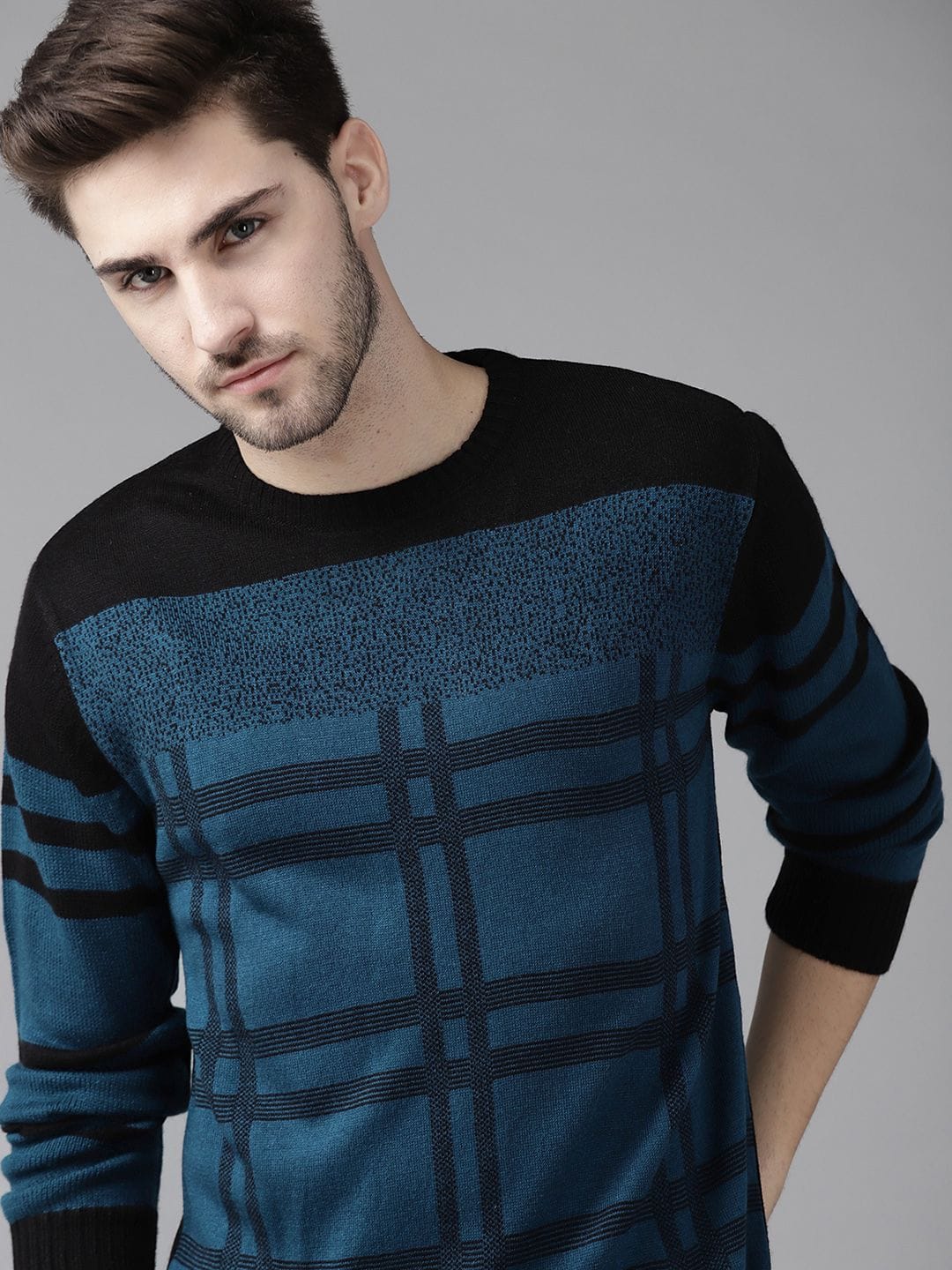 Roadster The Roadster Lifestyle Co Men Black & Teal Blue Jacquard Checked Pullover Myntra sale