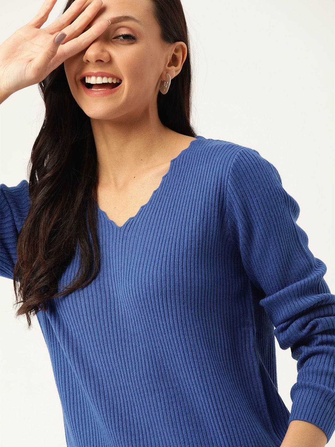DressBerry Women Blue Ribbed Pullover Myntra sale
