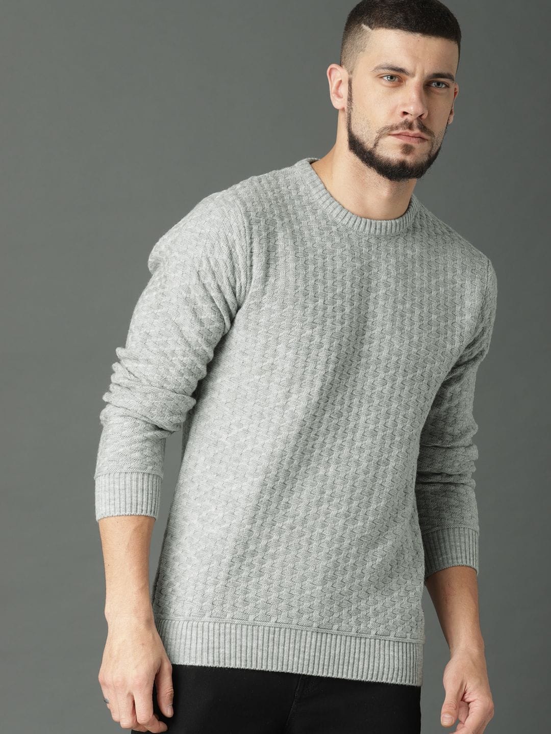 Roadster Men Grey Self Design Pullover Myntra sale