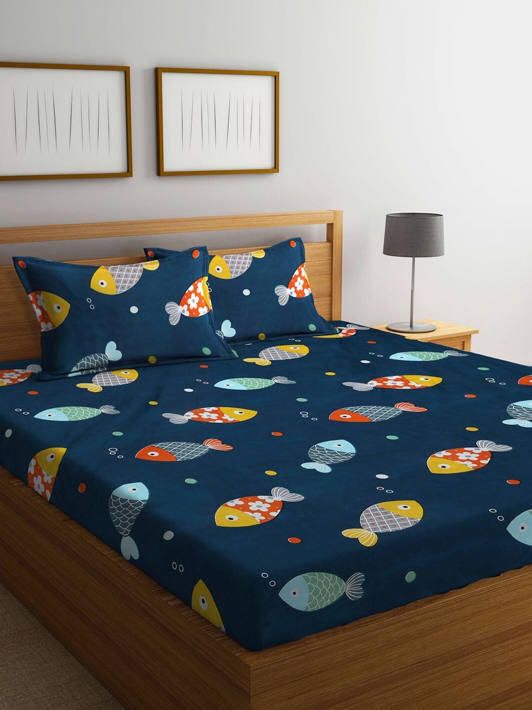 KLOTTHE Ruby Blue Conversational Cotton 300 TC King Fine Bedsheet with 2 Pillow Covers-250 x 220 cm Myntra sale