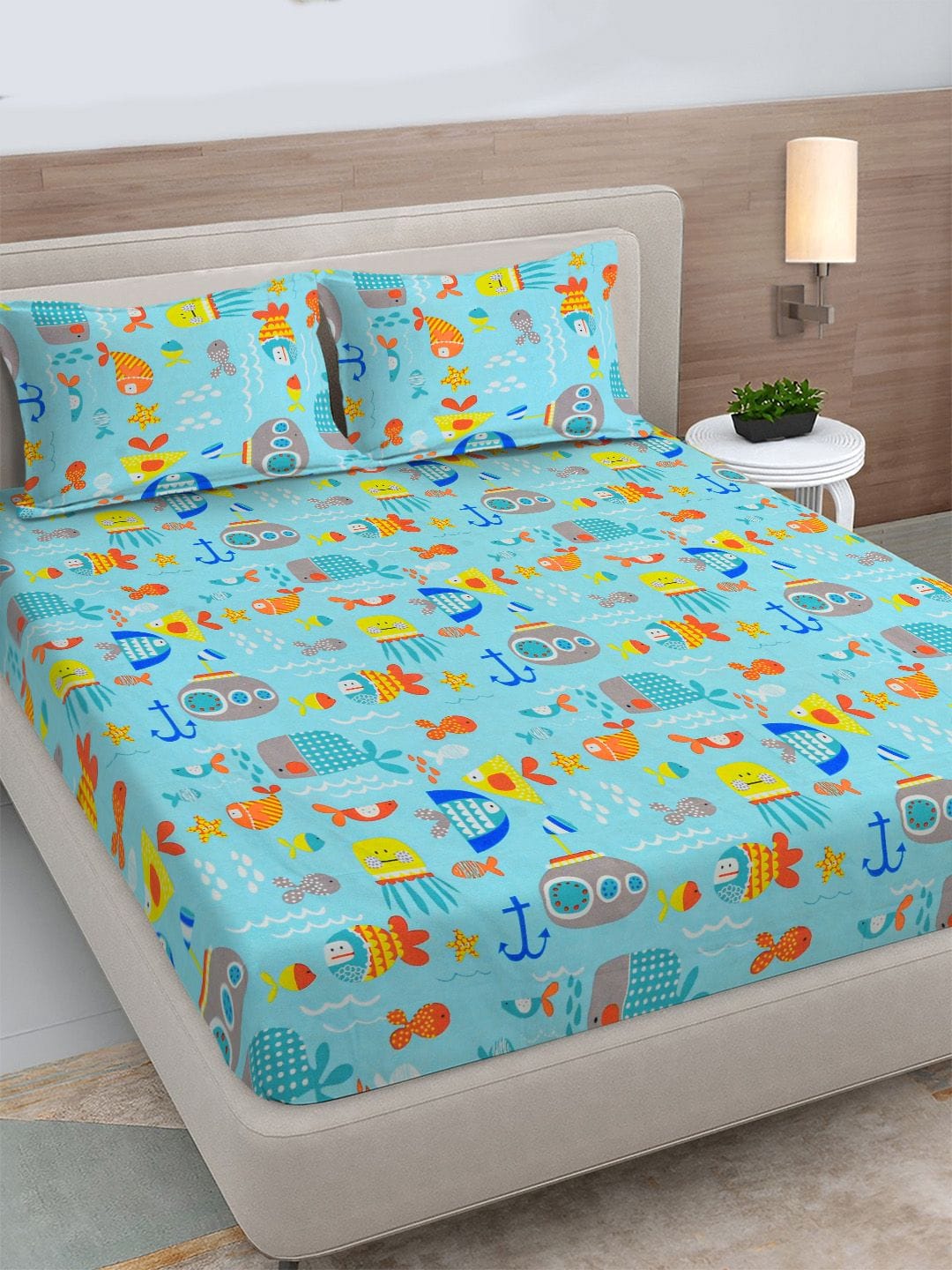 FABINALIV Rose Garden Blue Polycotton 300 TC King Bedsheet with 2 Pillow Covers Myntra sale