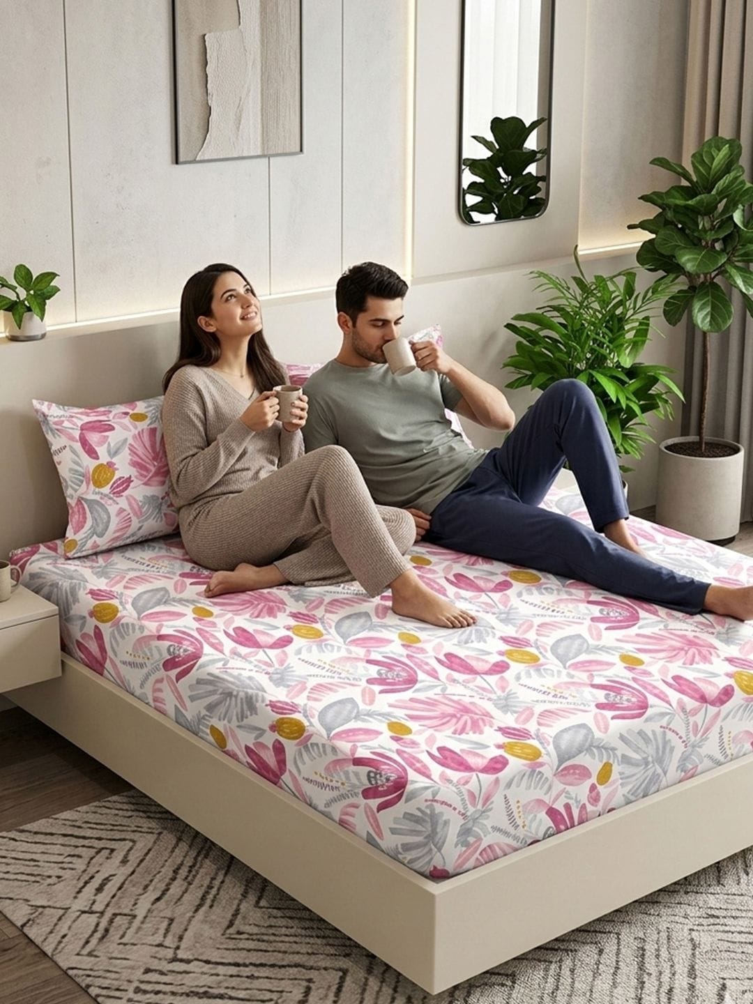 Myntra Elegant Homes White Floral 300 TC King Bedsheet With 2 Pillow Covers Myntra sale