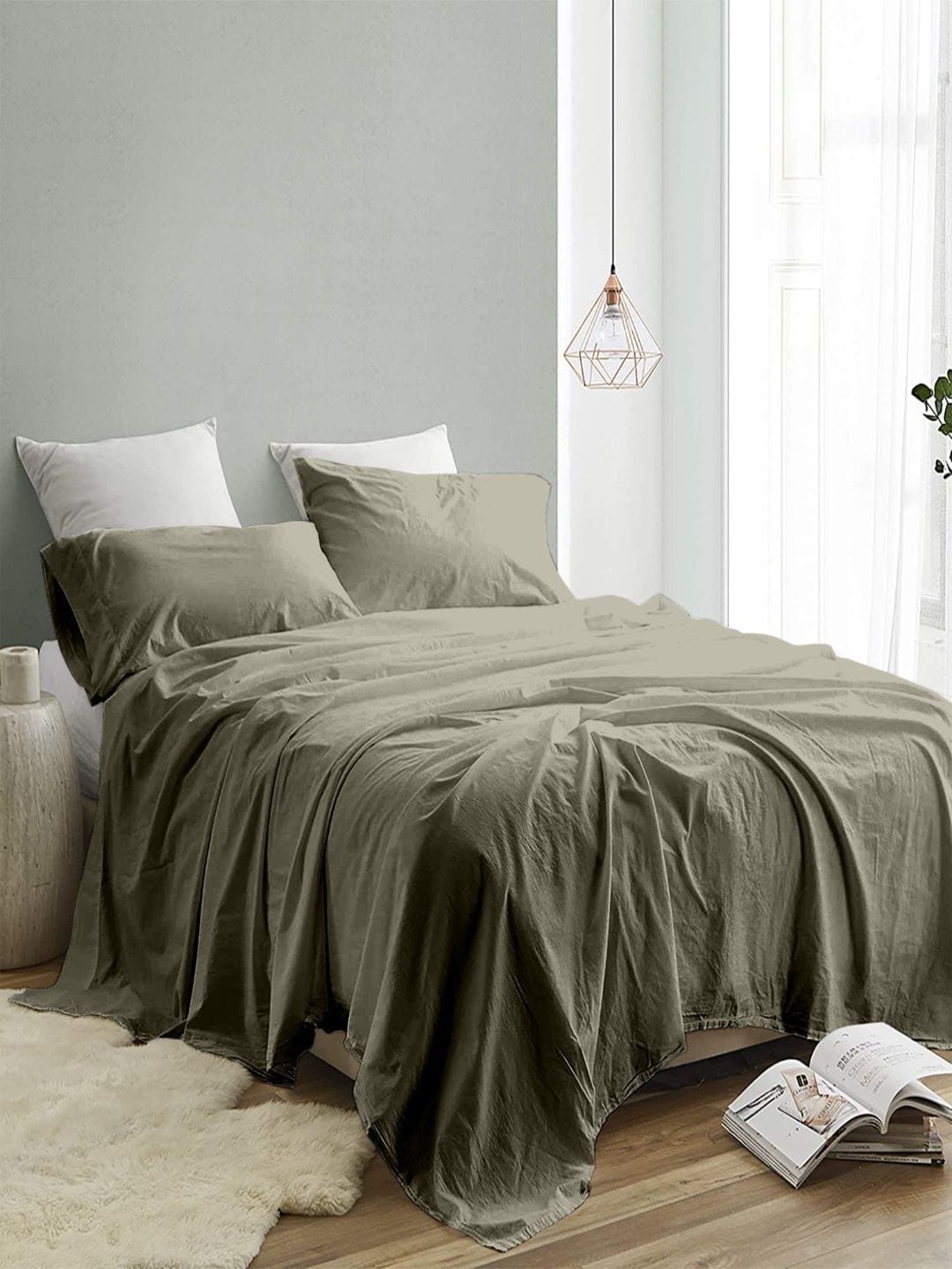 Sangria Olive Color 300 TC King Double Bedsheet With 2 Pillow Covers-2.74 m x 2.74 m Myntra sale