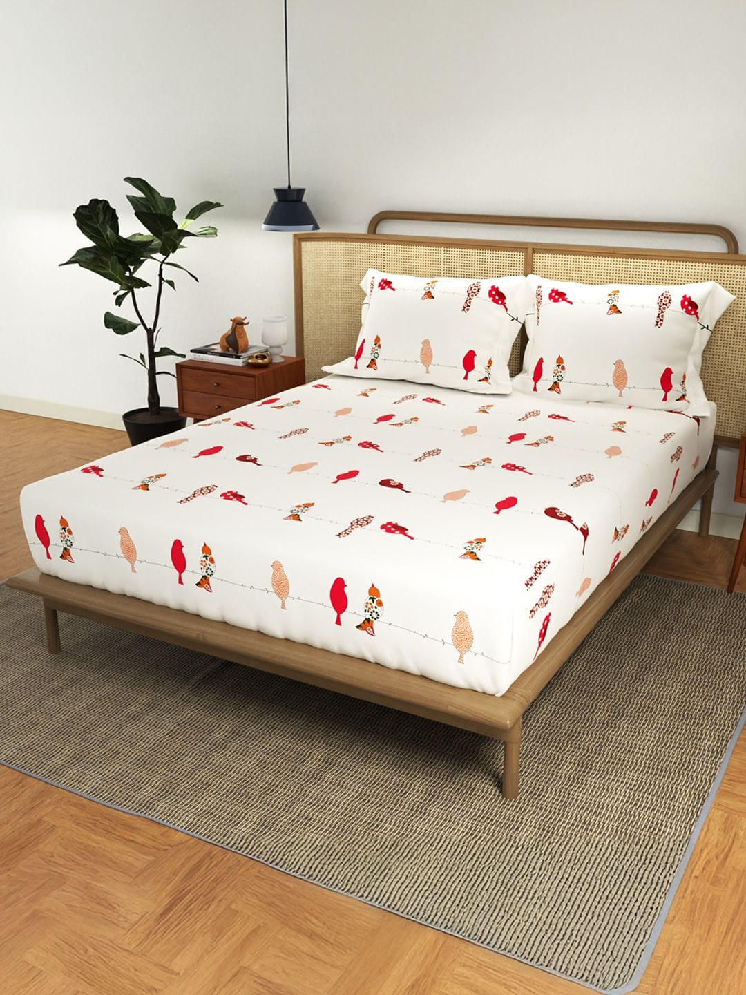 URBAN SPACE Divine White Graphic Cotton 144 TC Fitted King Bedsheet with 2 Pillow Covers-72 x 78 inches Myntra sale