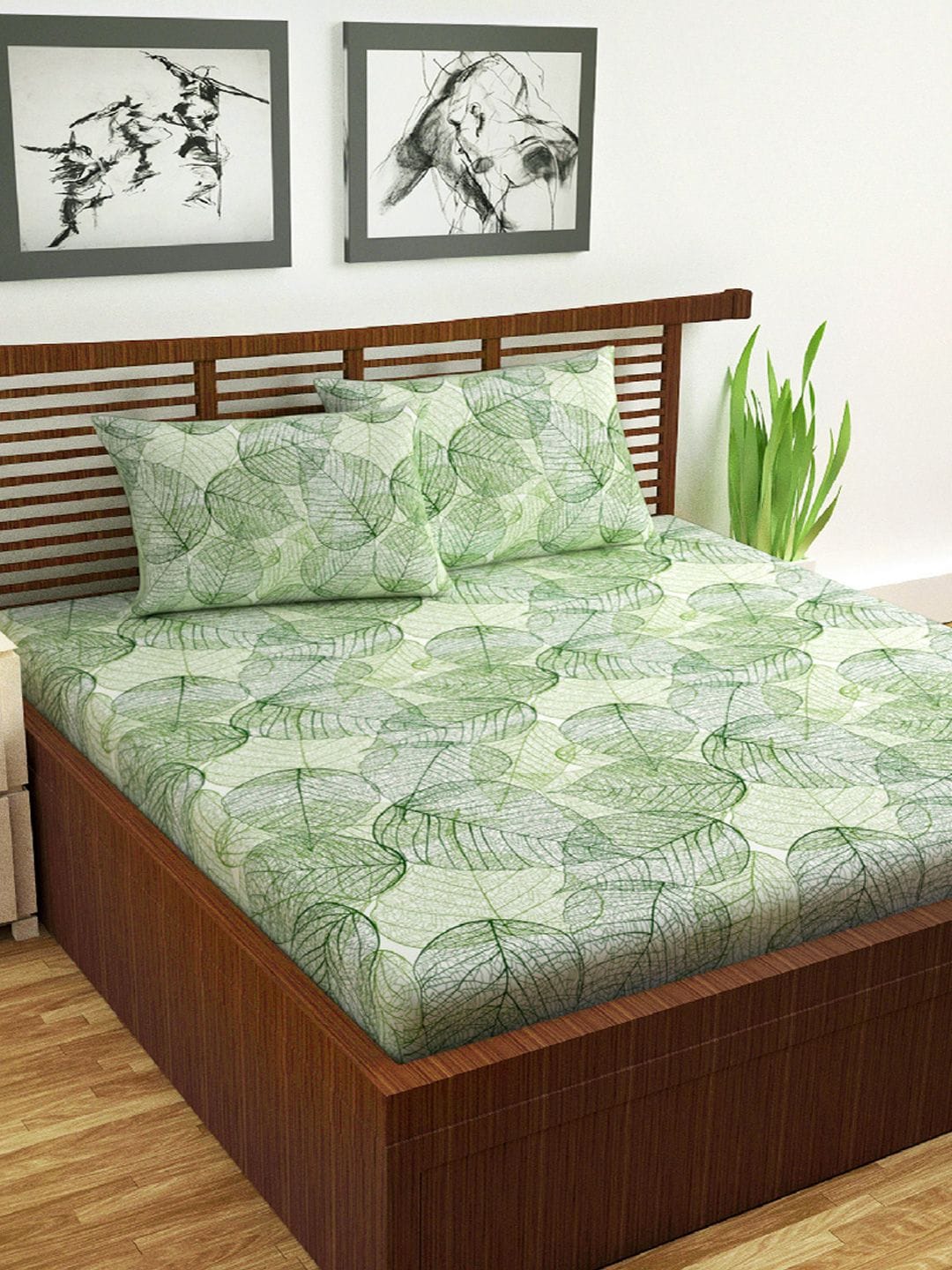 Divine Casa Sage Green Floral Cotton 144 TC Double Bedsheet with 2 Pillow Covers Myntra sale