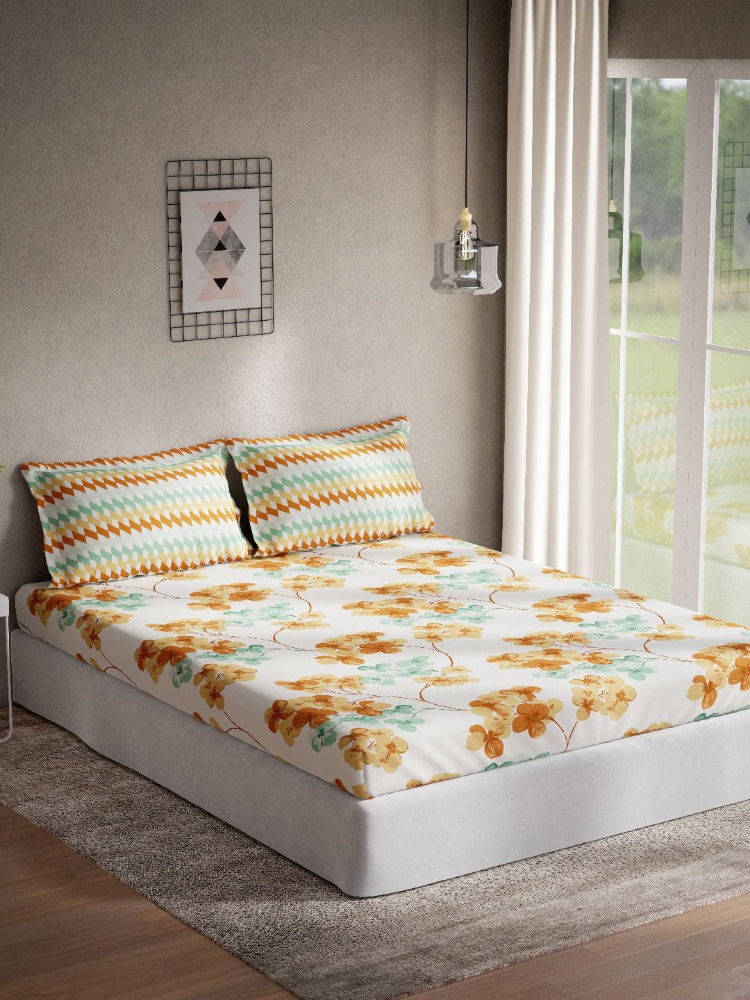 DDecor Optima Collection Orange Floral Cotton 145TC Queen Bedsheet with 2 Pillow Covers Myntra sale