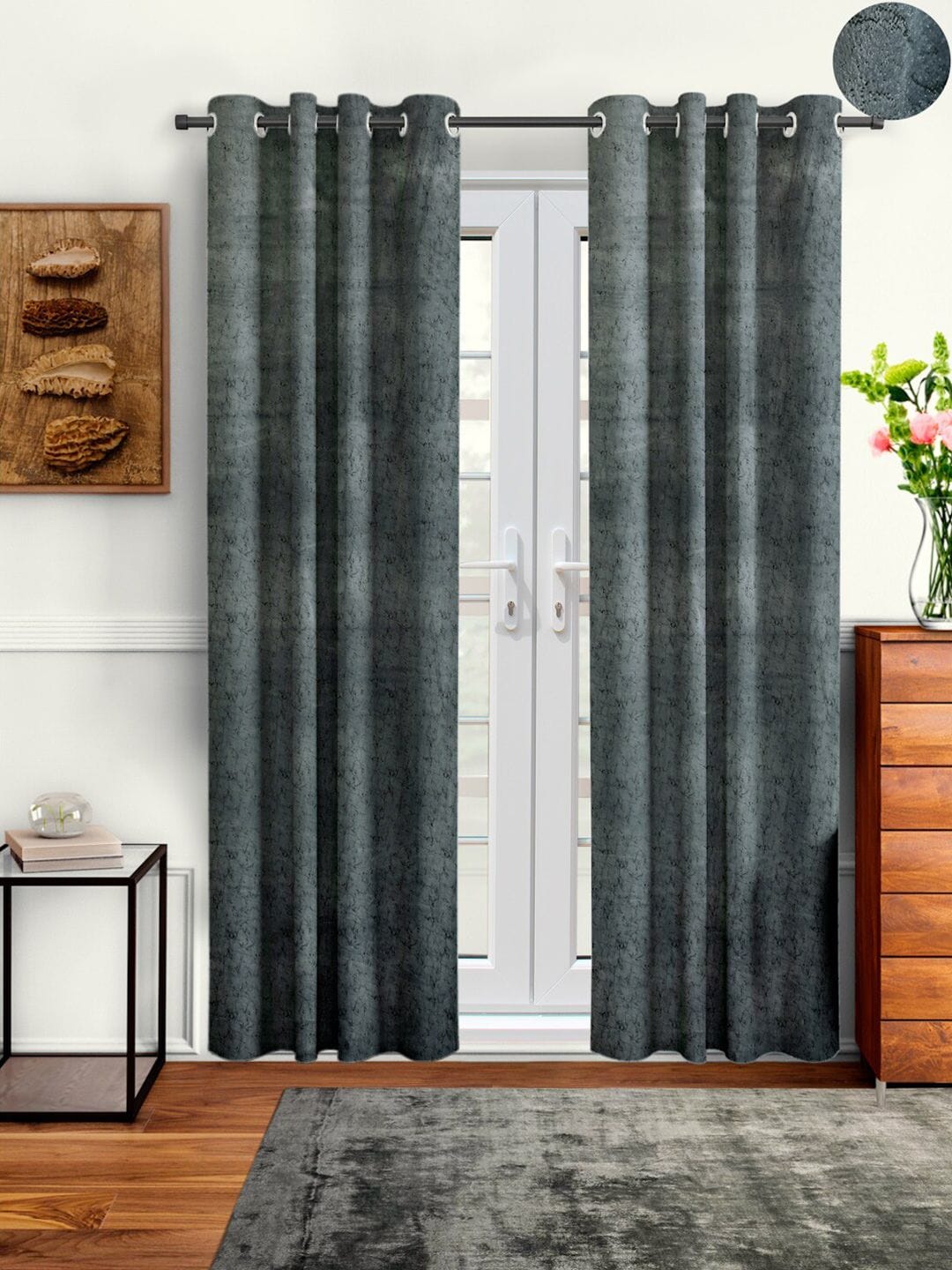 Cortina Set Of 2 Grey Abstract Printed Room Darkening Velvet Door Curtains Myntra sale