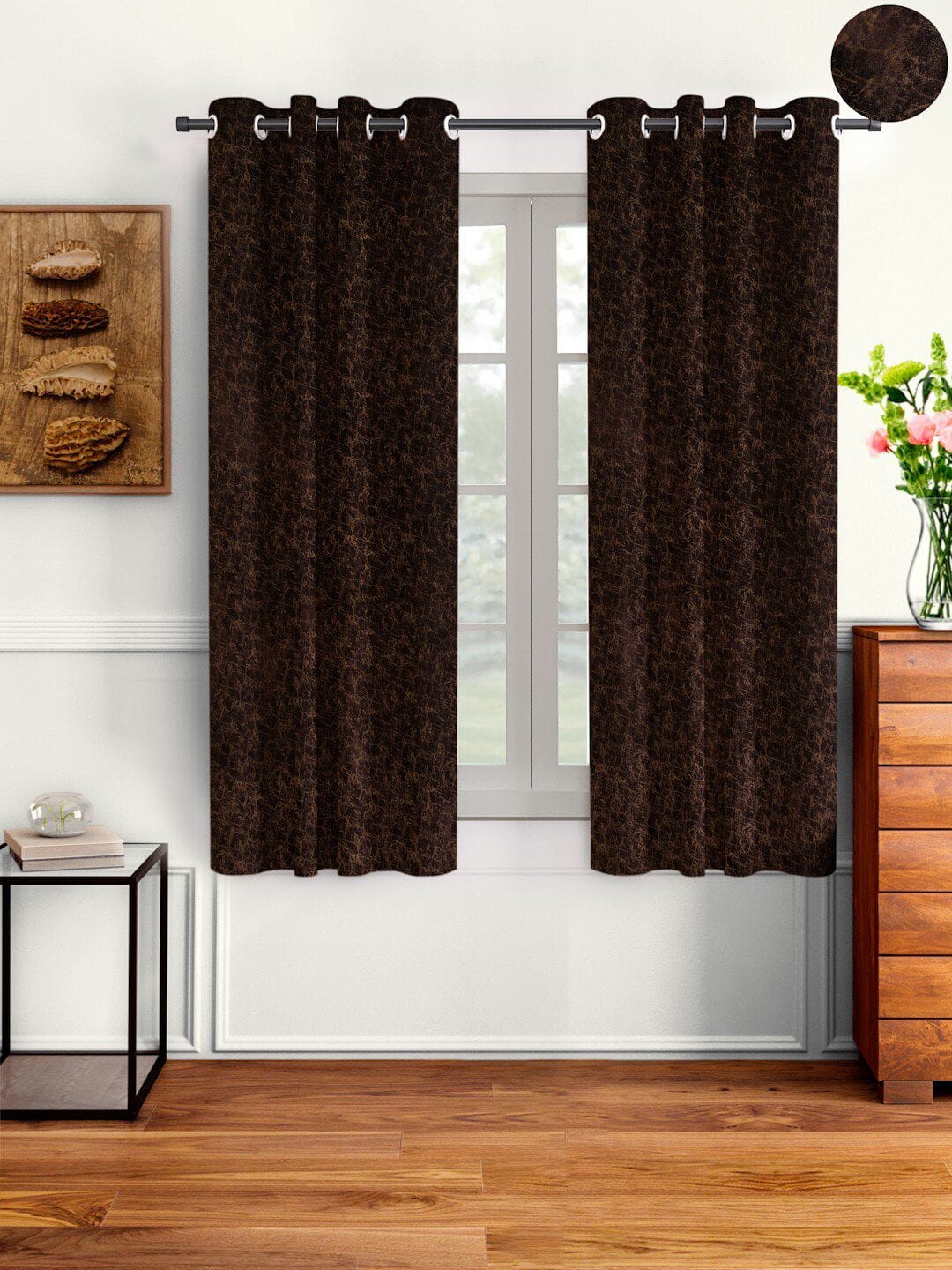 Cortina Brown Set of 2 Abstract Room Darkening Velvet Window Curtains Myntra sale
