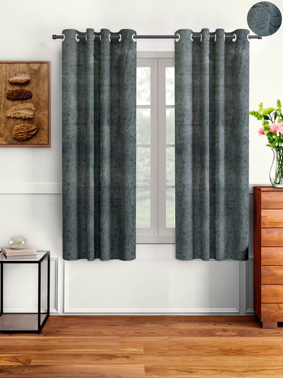 Cortina Grey Set of 2 Room Darkening Velvet Window Curtain Myntra sale
