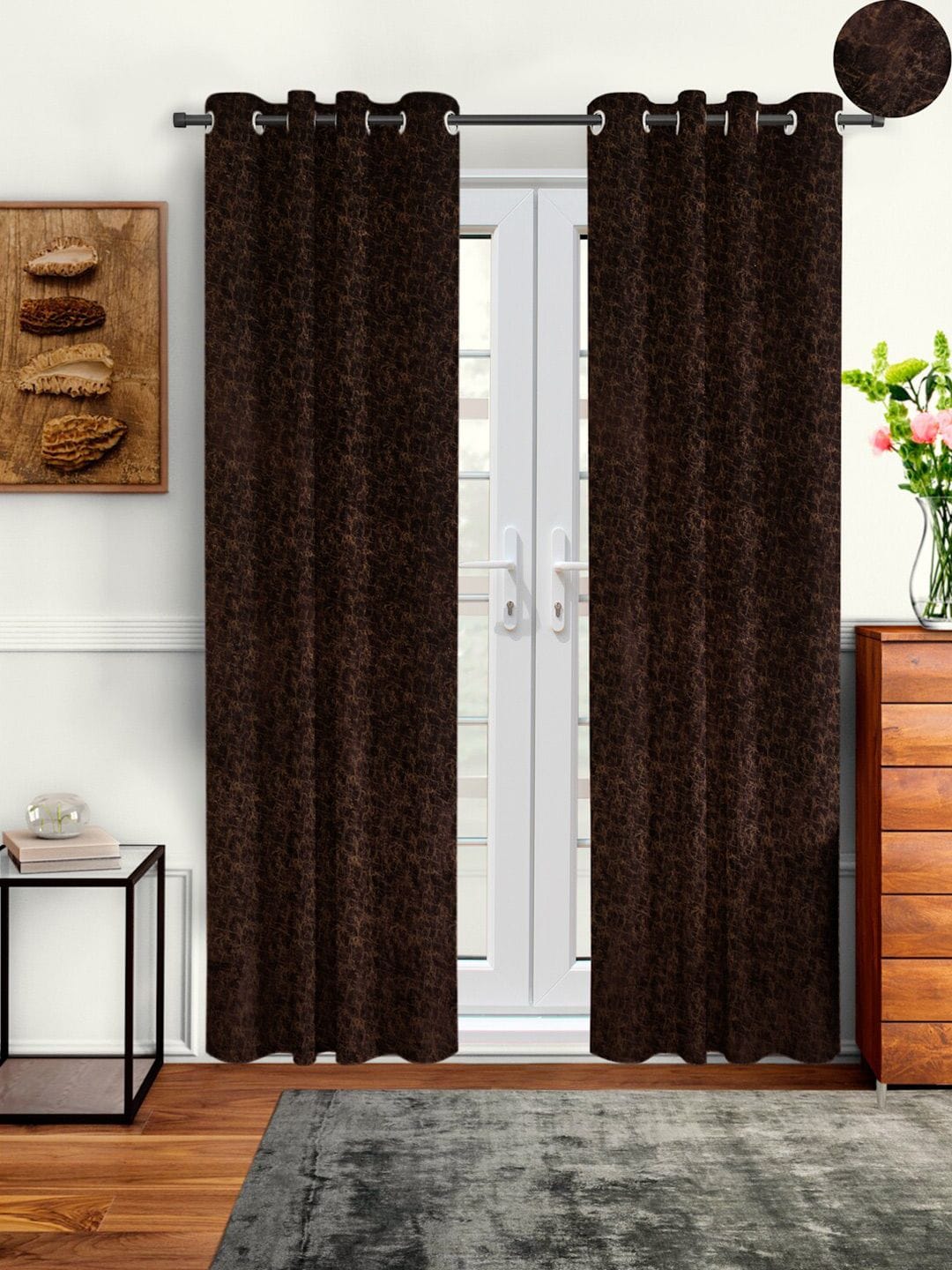 Cortina Brown Set of 2 Abstract Room Darkening Velvet Long Door Curtains Myntra sale