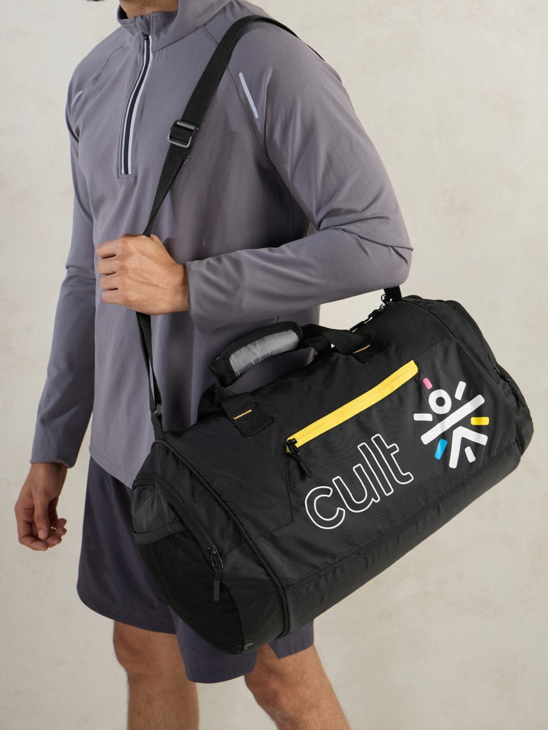 CULT Grey & Black Printed Duffel Bag With Shoe Compartment Myntra sale