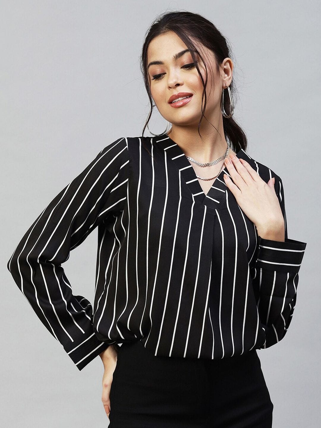 Selvia Women Black & White Striped Crepe Top Myntra sale