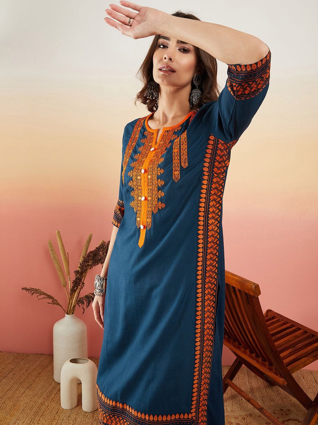 Sangria Navy Blue Ethnic Motifs Embroidered Thread Work Straight Kurta Myntra sale
