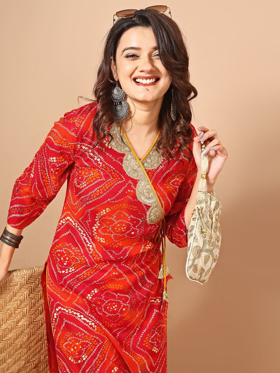 Sangria Red Bandhani Printed Angrakha Sequined Straight Kurta Myntra sale