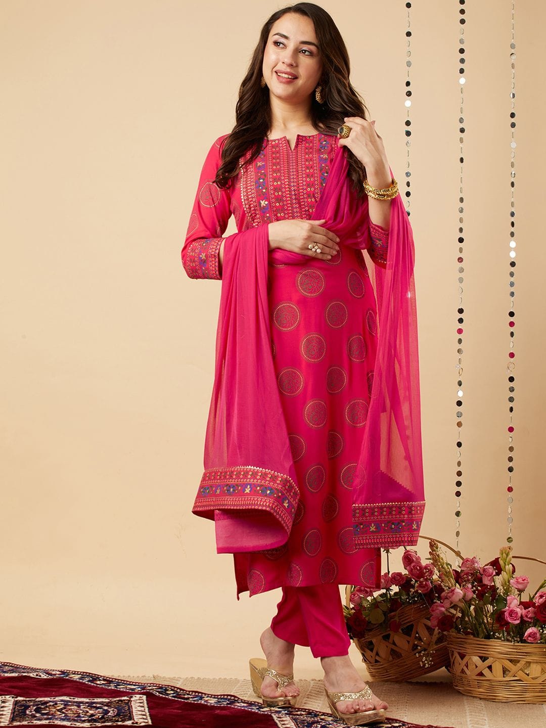 GoSriKi Ethnic Motifs Yoke Design Gotta Patti Kurta With Trousers & Dupatta Myntra sale