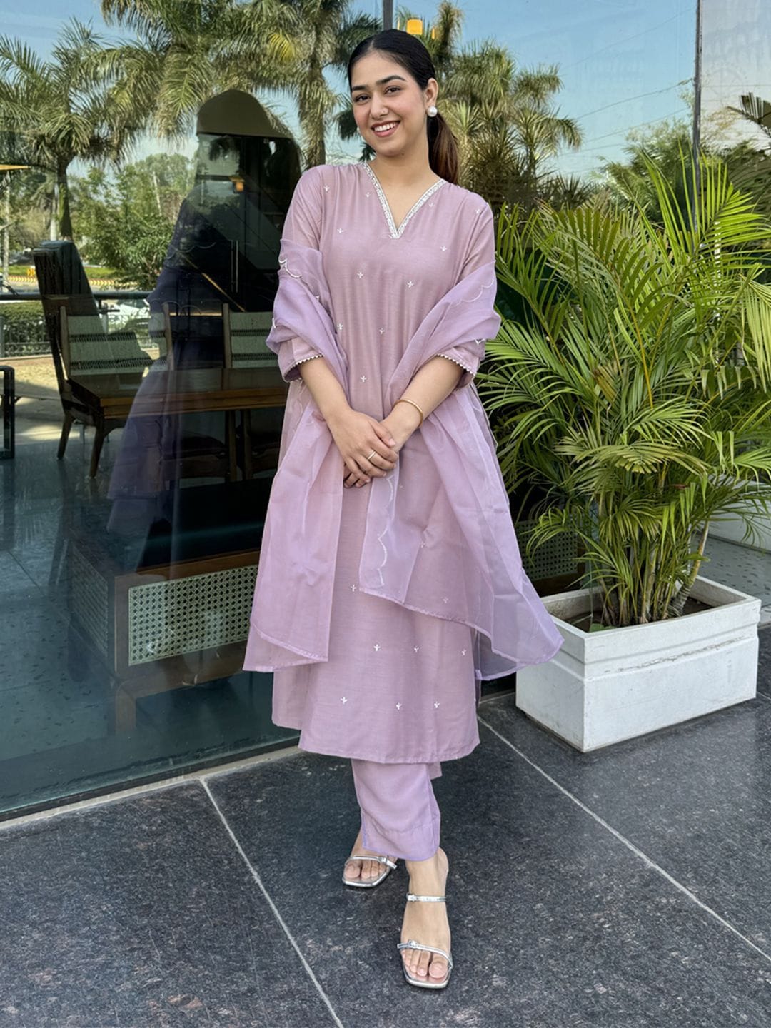 Janasya Women's Lavender Silk Blend Embellished Kurta with Pant and Dupatta Myntra sale