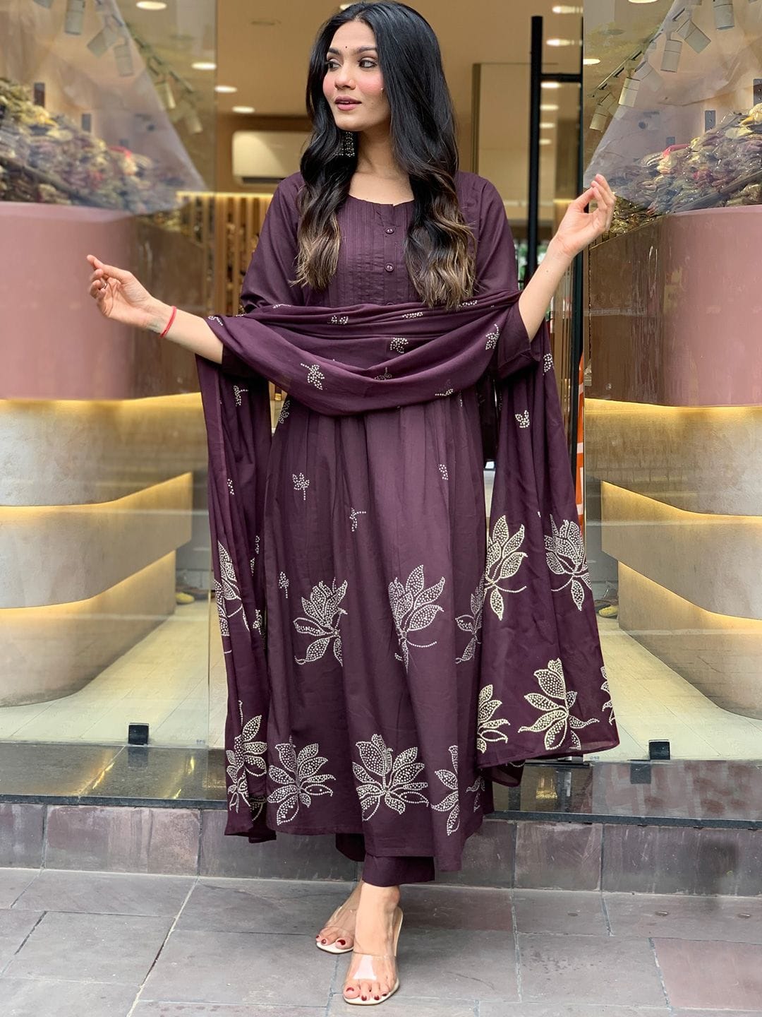 GoSriKi Floral Printed Round Neck Anarkali Kurta With Trousers & Dupatta Myntra sale