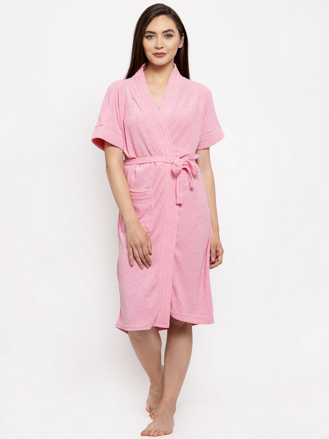 ELEVANTO Bathmusic Pink Solid Terrycloth Drawstring Knee Length Bath Robe Myntra sale