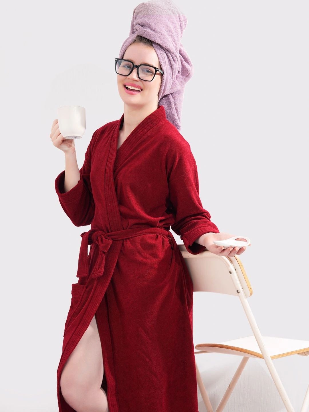 HotGown Maroon Solid Cotton Drawstring Knee Length Bath Robe-S Myntra sale