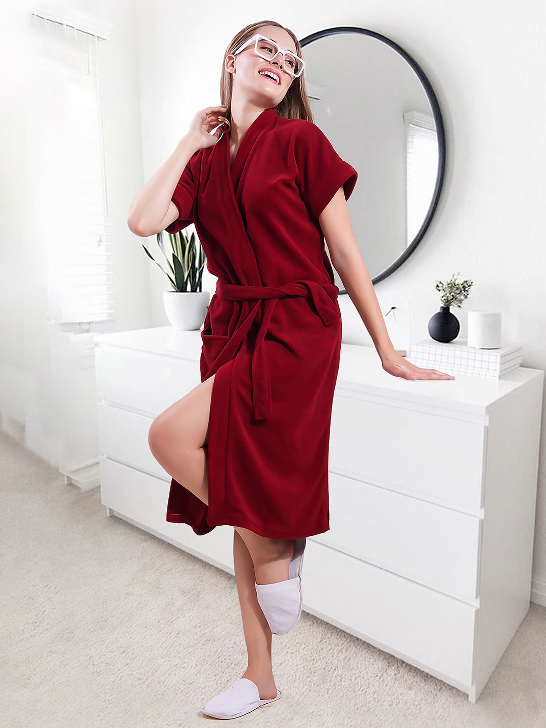 LacyLook Maroon Solid Cotton Drawstring Knee Length Bath Robe-S Myntra sale
