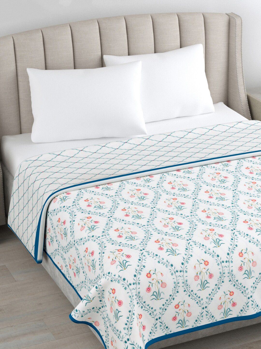 haus & kinder Blue & White Floral Cotton AC Room 300 GSM Reversible Single Bed Dohar Myntra sale